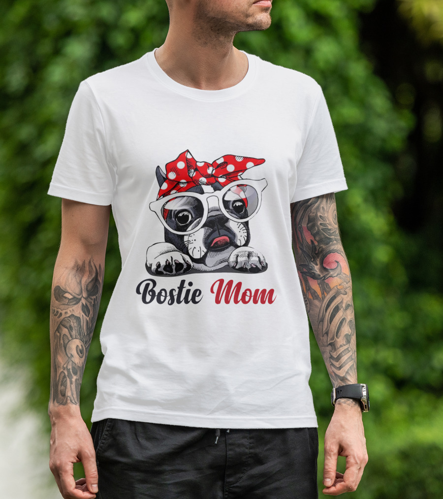 Bostie Mom Glasses And Red Polka Dot Headband Dog T-Shirt