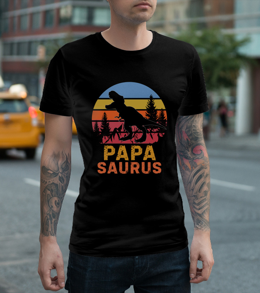 PAPA SAURUS Rex Dinosaur Silhouette Vintage Sunset T-Shirt