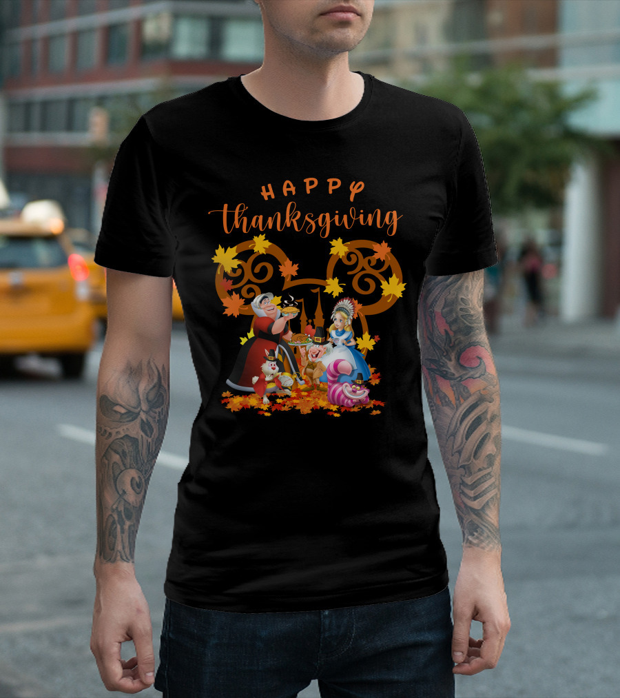 Happy Thanksgiving Alice Queen Mad Hatter Cheshire Cat Leaves T-Shirt