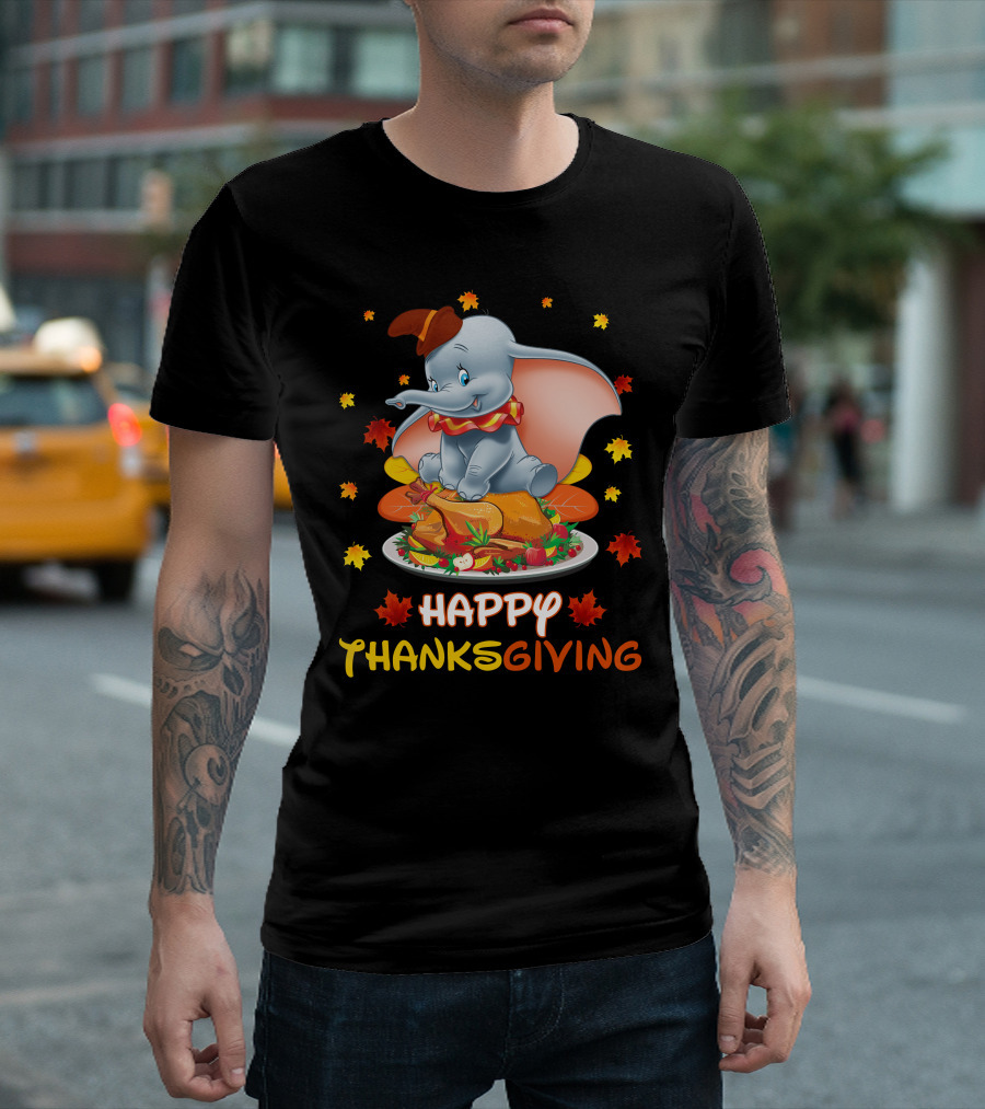 Happy Thanksgiving Dumbo Turkey Autumn Leaves T-Shirt