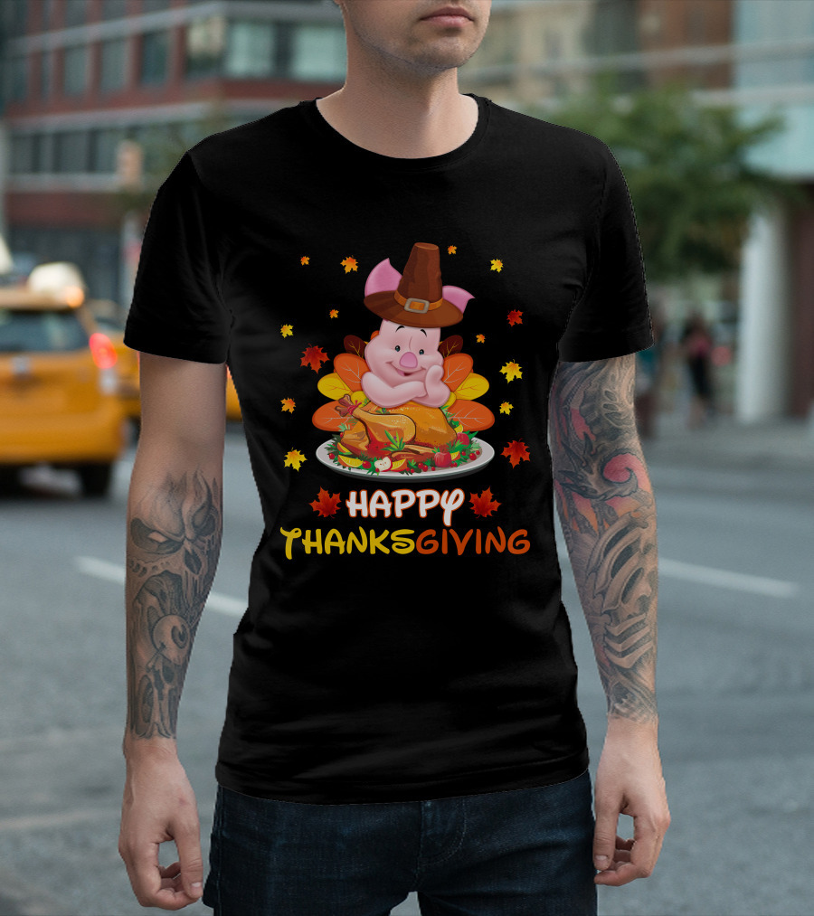 Happy Thanksgiving Piglet Feast with Autumn Leaves and Pilgrim Hat T-Shirt