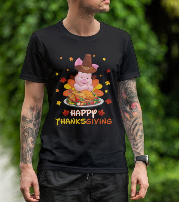 Happy Thanksgiving Piglet Feast With Autumn Leaves And Pilgrim Hat T-Shirt