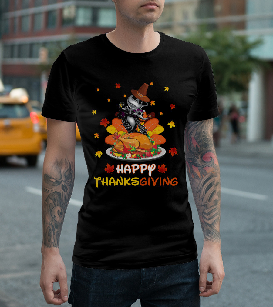 Happy Thanksgiving Skeleton with Turkey and Autumn Leaves T-Shirt