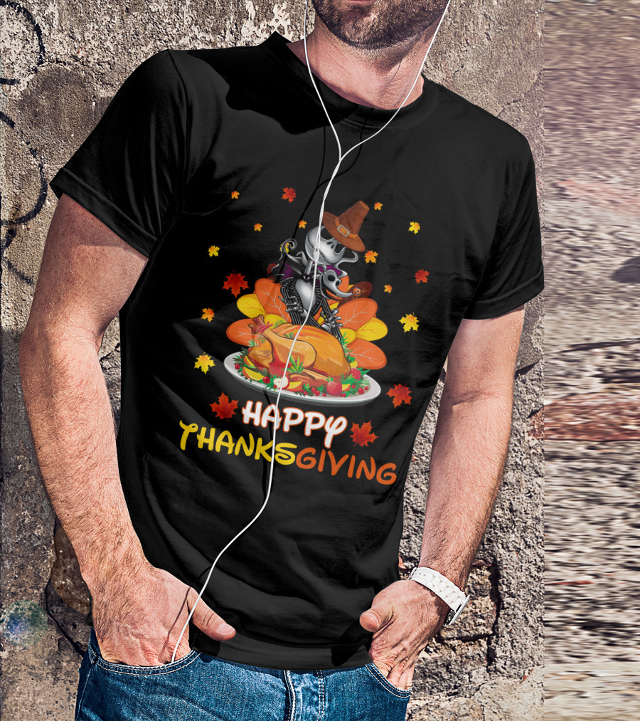 Happy Thanksgiving Skeleton With Turkey And Autumn Leaves T-Shirt
