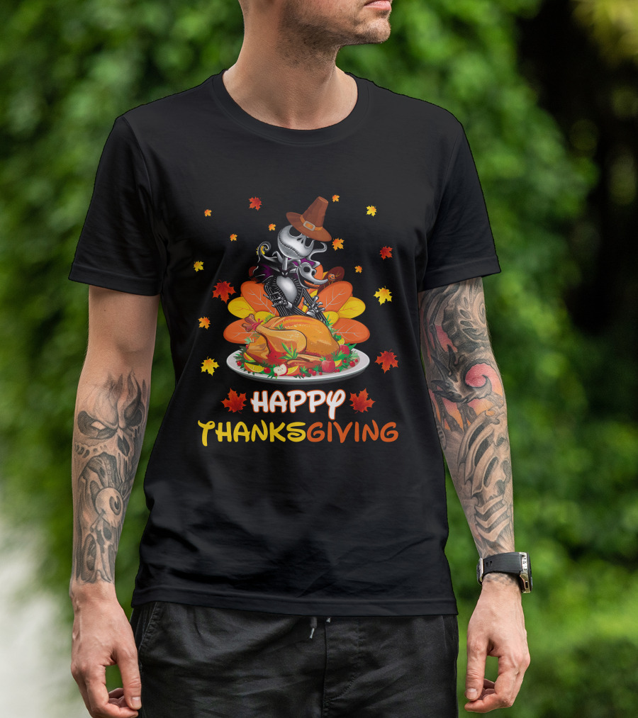 Happy Thanksgiving Skeleton With Turkey And Autumn Leaves T-Shirt