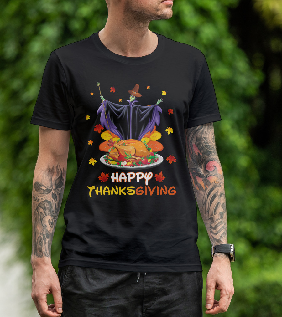 Happy Thanksgiving Maleficent Turkey Feast Magic Leaves T-Shirt