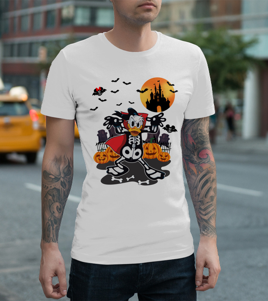 Donald Duck Halloween Skeleton Costume with Bats and Castle T-Shirt