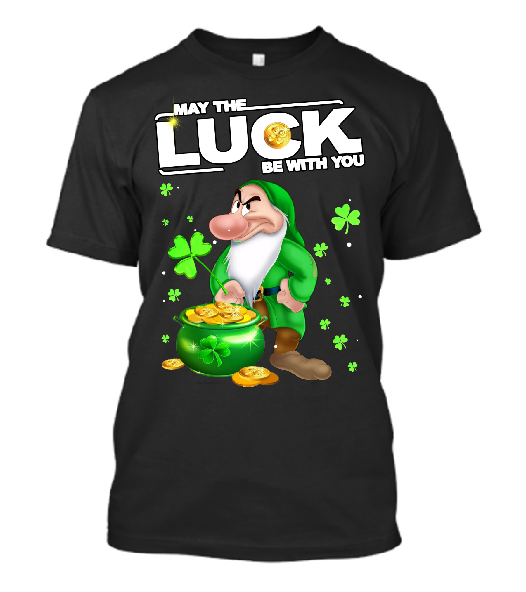 MAY THE LUCK BE WITH YOU Grumpy Gnome With Coins And Clovers T-Shirt