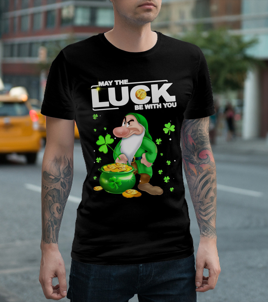 MAY THE LUCK BE WITH YOU Grumpy Gnome with Coins and Clovers T-Shirt