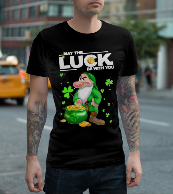 MAY THE LUCK BE WITH YOU Grumpy Gnome With Coins And Clovers T-Shirt