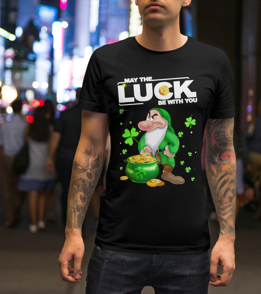 MAY THE LUCK BE WITH YOU Grumpy Gnome With Coins And Clovers T-Shirt