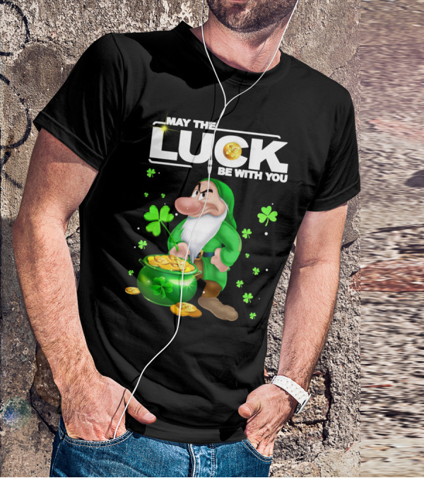 MAY THE LUCK BE WITH YOU Grumpy Gnome With Coins And Clovers T-Shirt