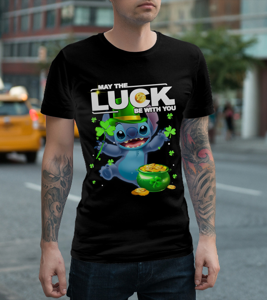 May The Luck Be With You Stitch Pot Of Gold Shamrocks T-Shirt