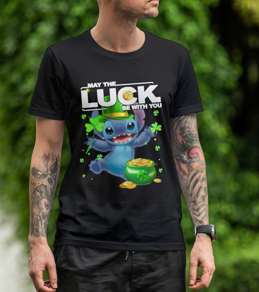 May The Luck Be With You Stitch Pot Of Gold Shamrocks T-Shirt