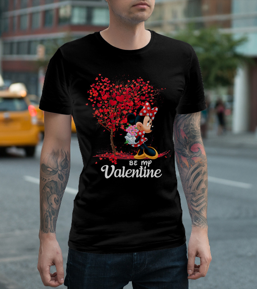 Be My Valentine Minnie With Heart Tree And Flowers T-Shirt