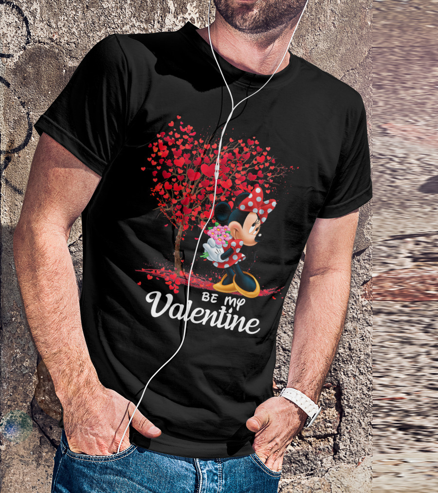Be My Valentine Minnie With Heart Tree And Flowers T-Shirt
