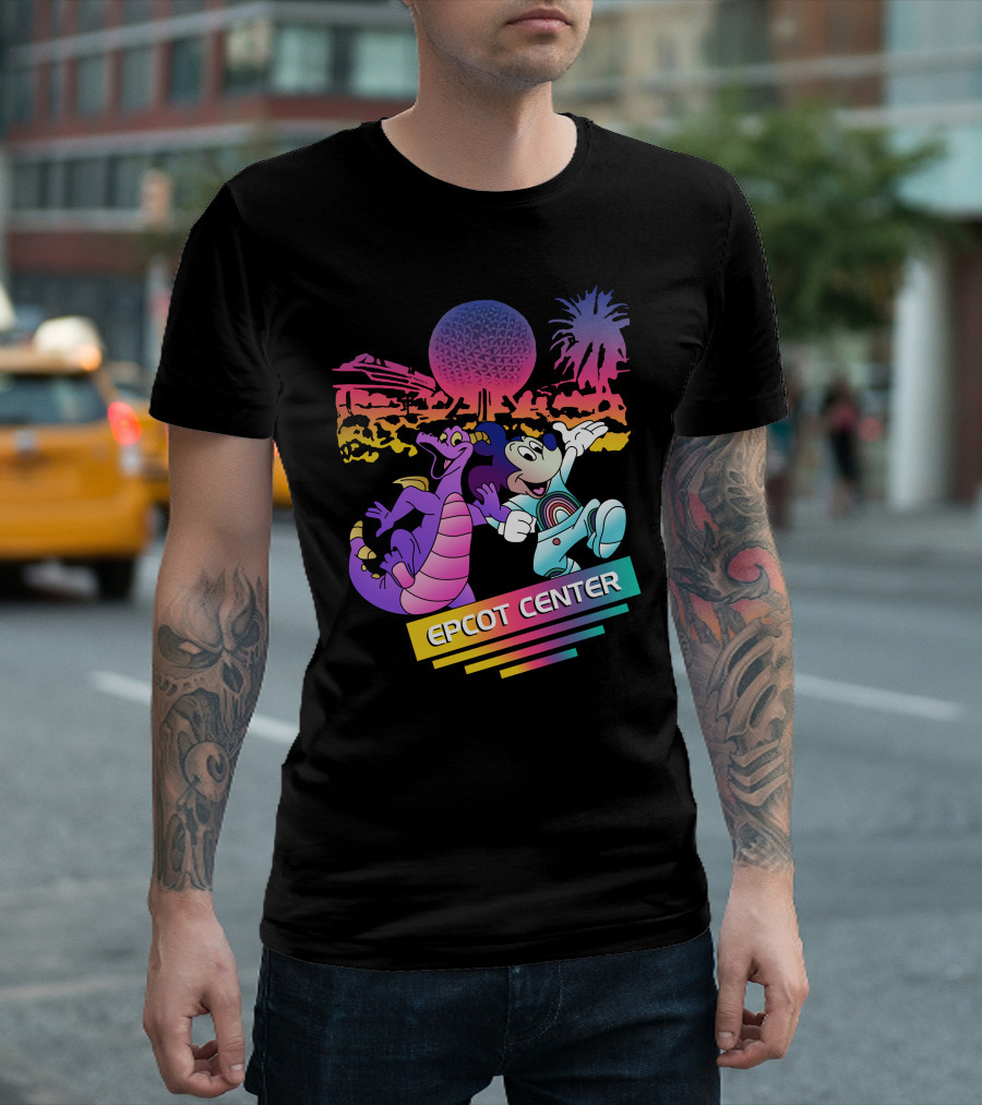 EPCOT CENTER Figment and Mickey Spaceship Earth Retro Spectrum Colors T-Shirt