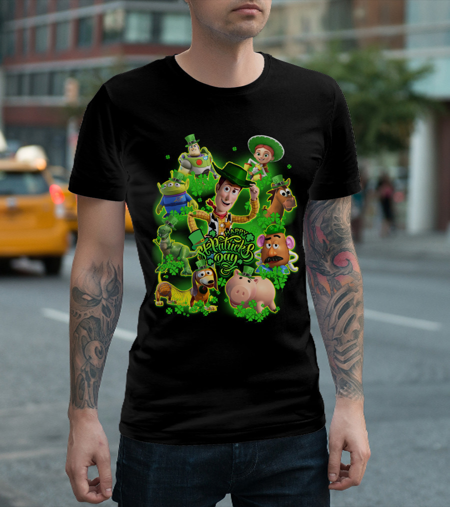 Happy St. Patrick's Day Toy Story Characters in Green Outfits with Shamrocks T-Shirt