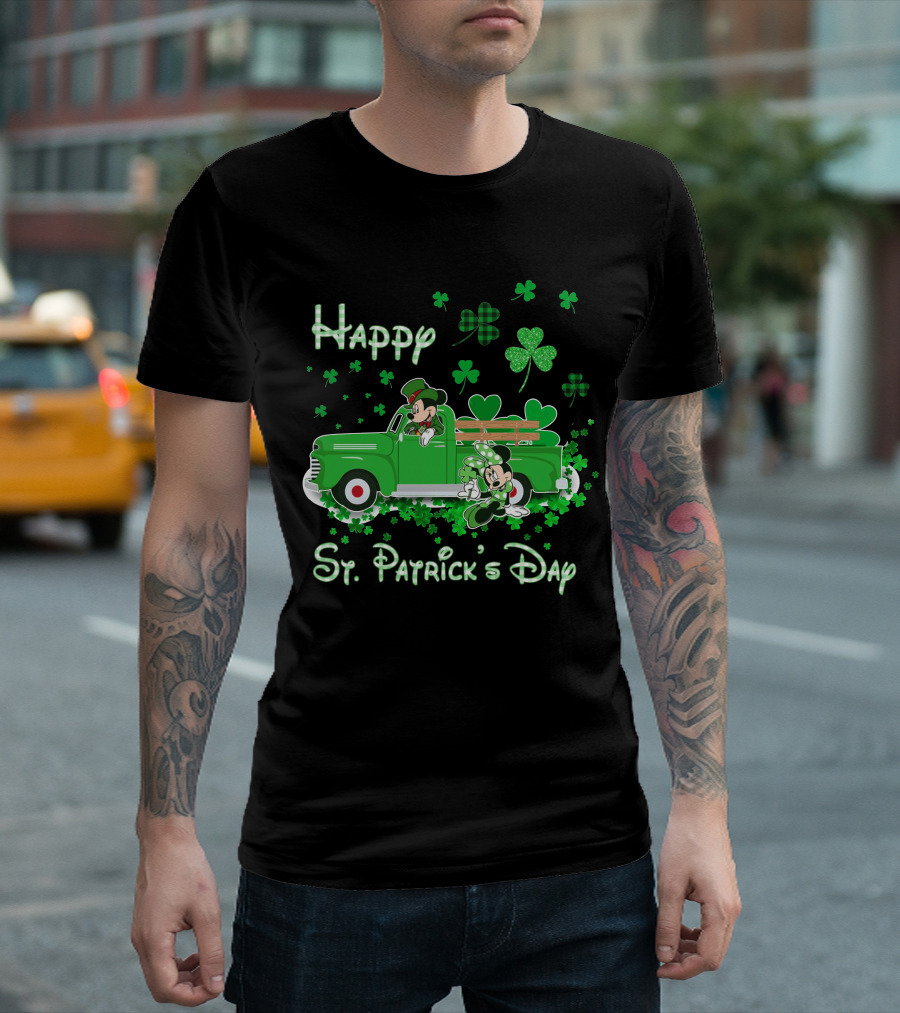 Happy St. Patrick's Day Mickey Mouse Green Truck Shamrocks T-Shirt