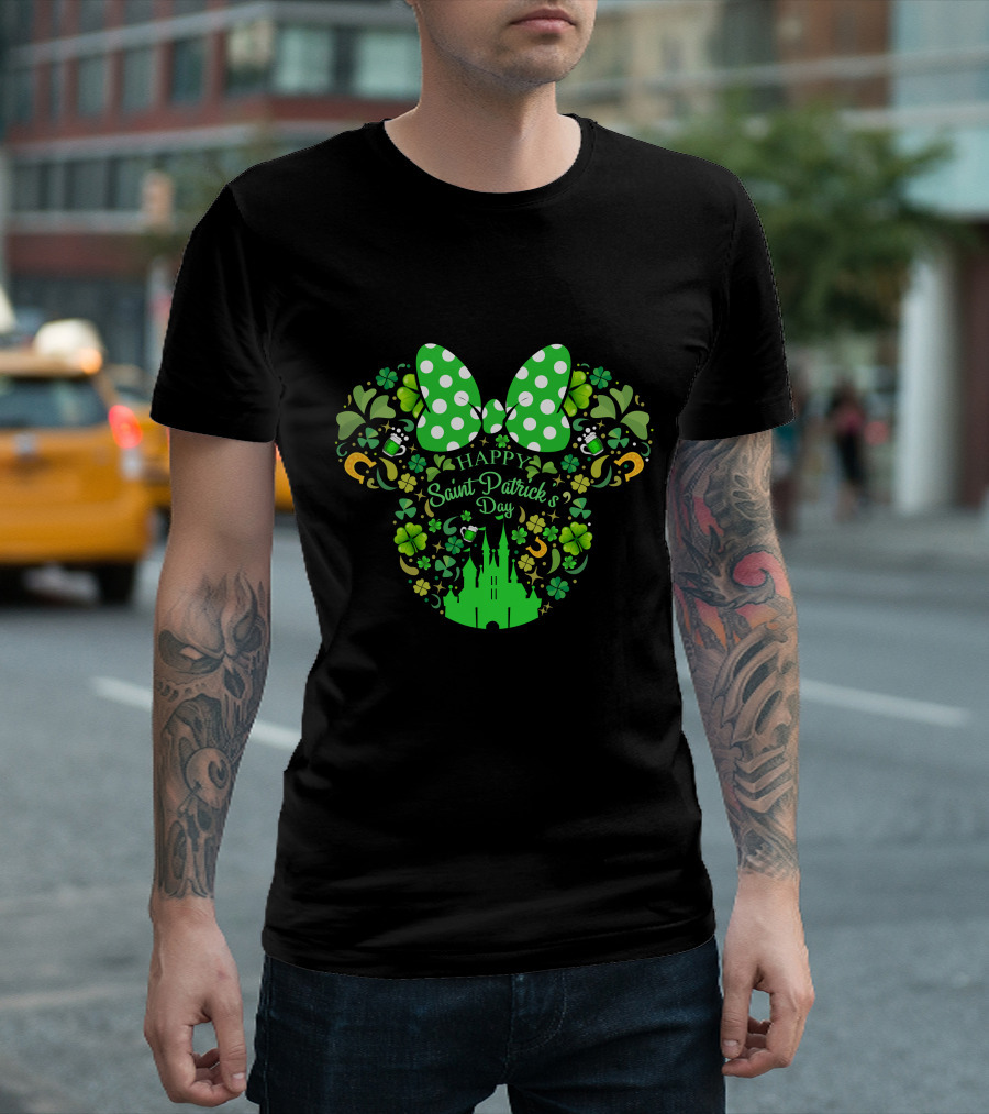 Minnie Mouse Happy Saint Patrick's Day With Shamrocks And Castle T-Shirt