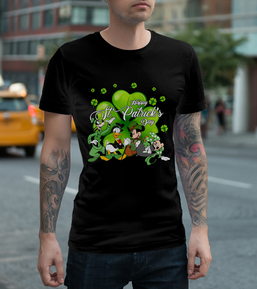 Happy St. Patrick's Day Mickey Mouse Donald Duck Goofy Minnie Mouse with Shamrocks T-Shirt