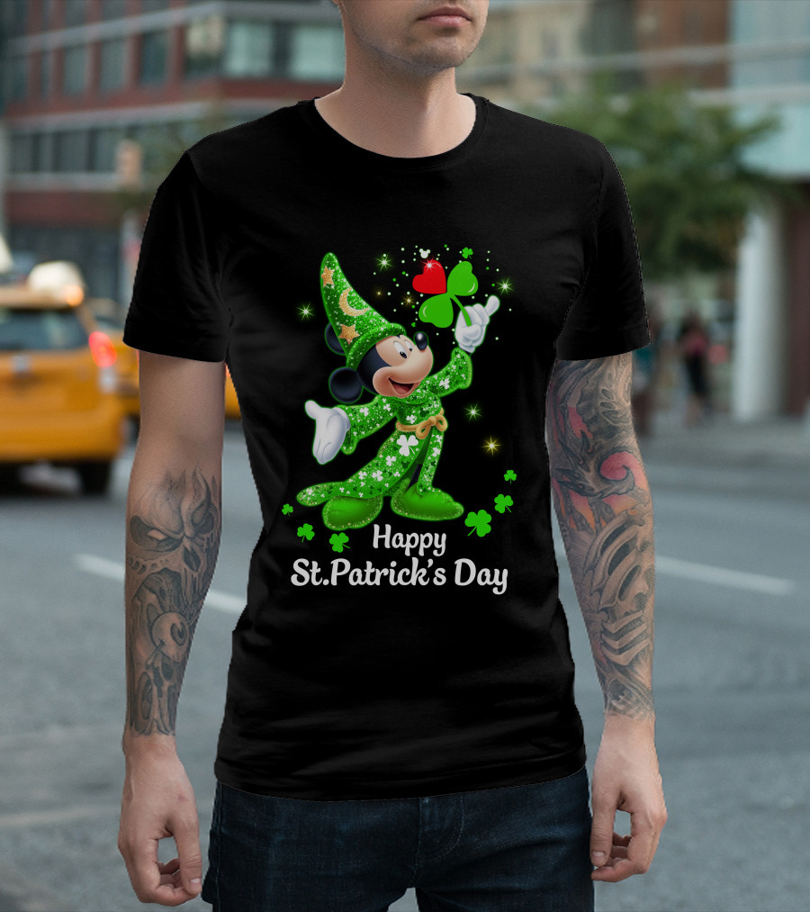 Happy St. Patrick's Day Mickey in Green Wizard Cloak with Clover Magic T-Shirt