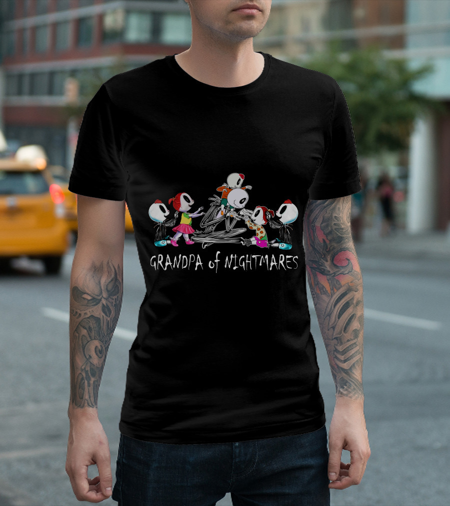 Grandpa of Nightmares with 3 Boys 2 Girls Skeleton Characters T-Shirt