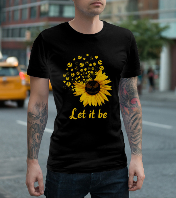 Jack Skellington Face Sunflower Let It Be Hearts Yellow Smiles T-Shirt