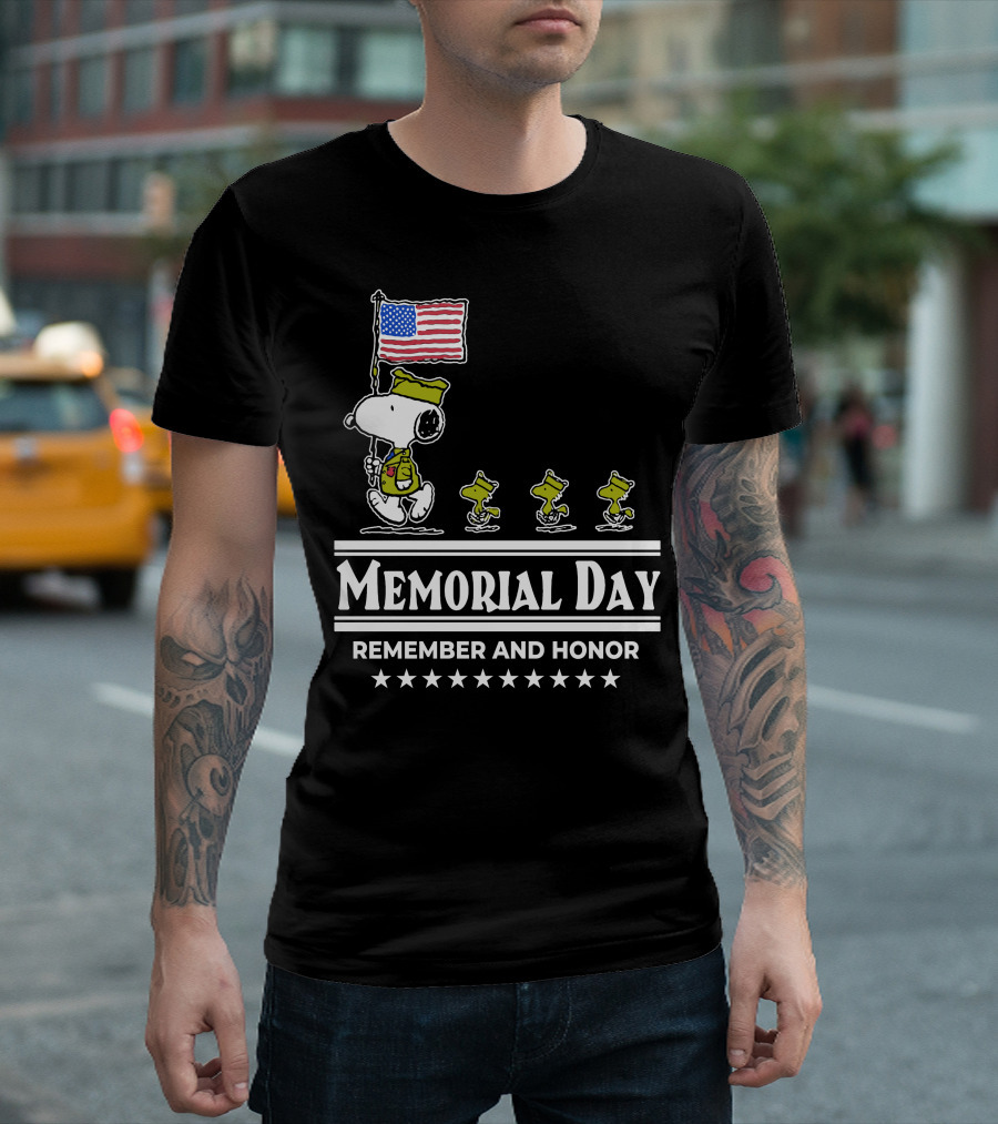Snoopy Woodstock American Flag Memorial Day Remember and Honor T-Shirt