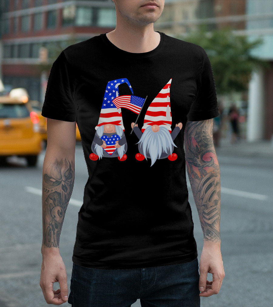 4th Of July Patriotic Gnomes with American Flags and Stars and Stripes Hats T-Shirt