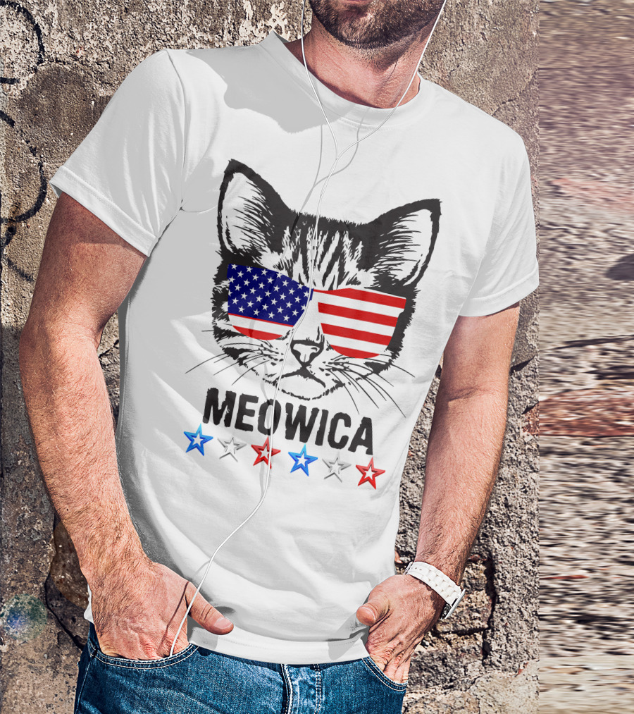 USA Flag Sunglasses Cat MEOWICA Stars 4th Of July T-Shirt