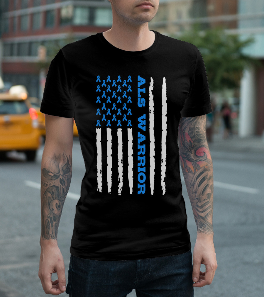 ALS Warrior Blue Ribbon Awareness American Flag USA T-Shirt