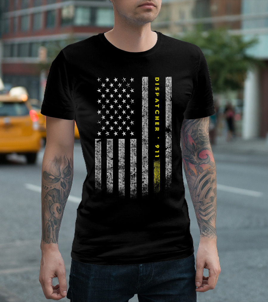 Dispatcher 911 American Flag with Gold Line USA Flag T-Shirt