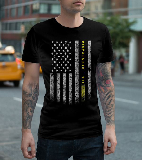 Dispatcher 911 American Flag With Gold Line USA Flag T-Shirt