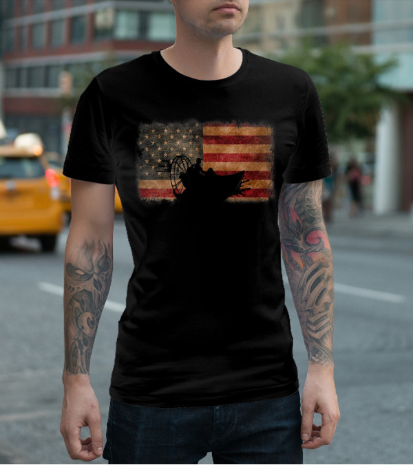 American Flag Airboat Racing Silhouette Over Rustic America T-Shirt