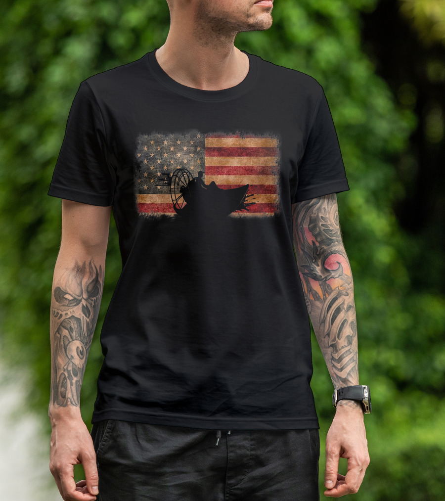 American Flag Airboat Racing Silhouette Over Rustic America T-Shirt