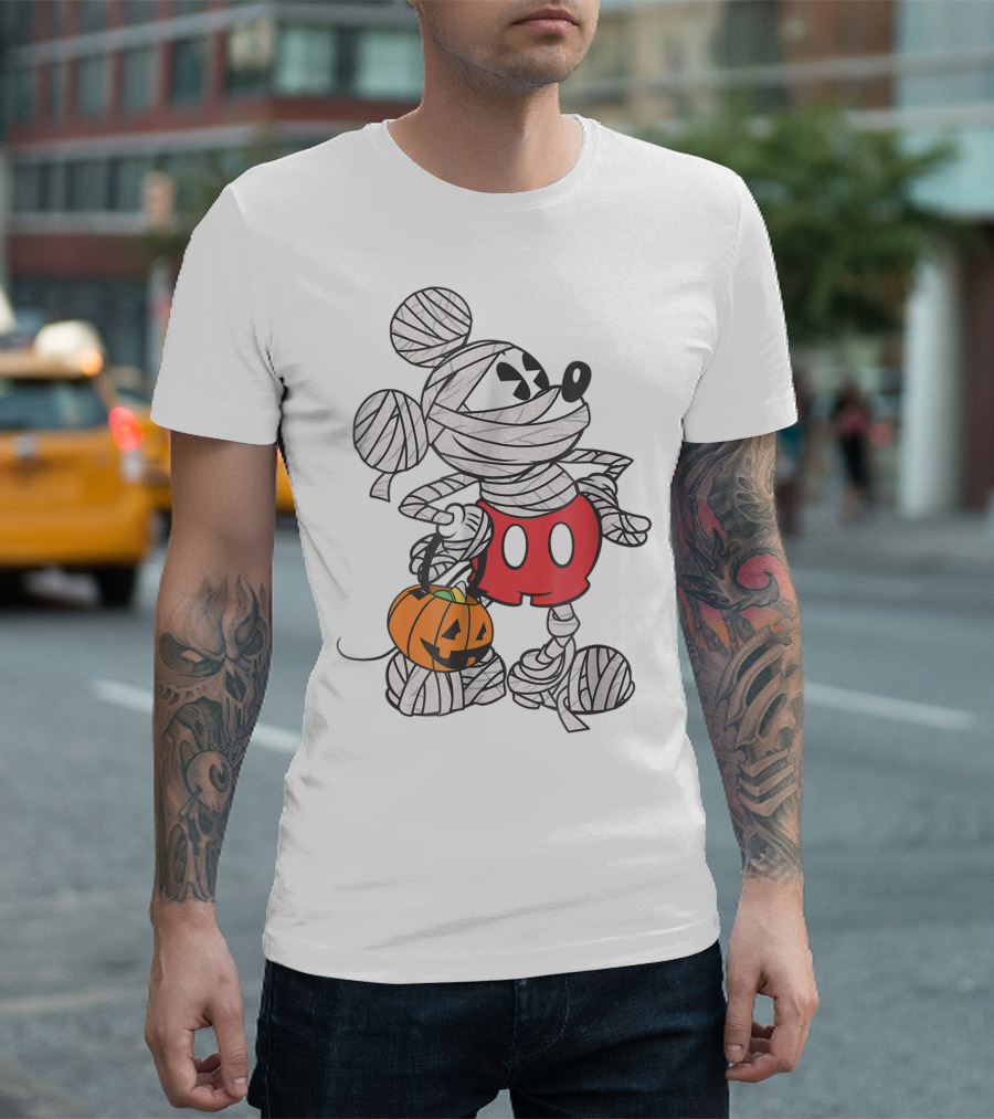 Mickey Mouse Mummy Wrapped with Pumpkin Bucket for Halloween T-Shirt