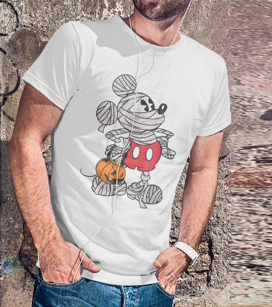 Mickey Mouse Mummy Wrapped With Pumpkin Bucket For Halloween T-Shirt