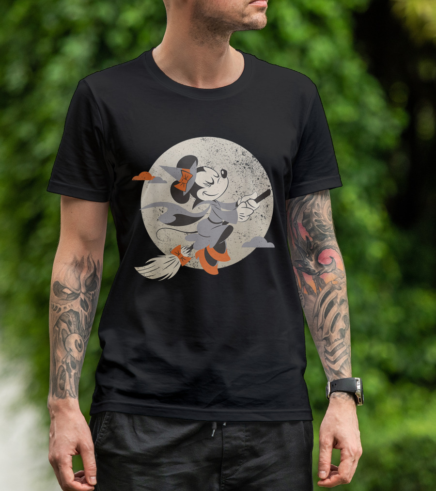 Minnie Mouse Disney Witch Flying On Broomstick Halloween Moon Scene T-Shirt