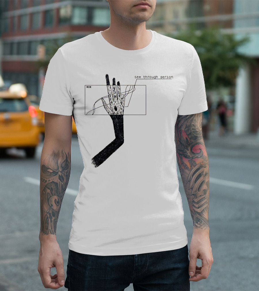 see through person hand illustration with void design and abstract lines T-Shirt