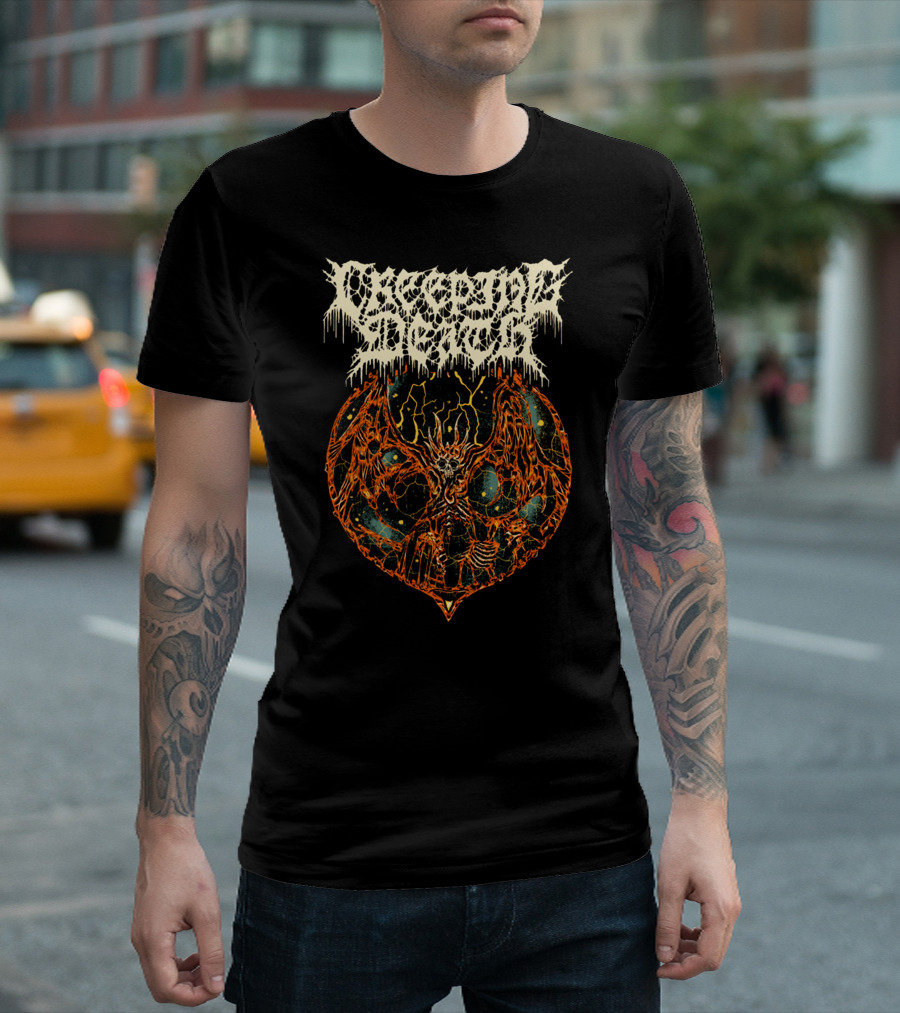Creeping Death Skeleton Demon with Orange Lightning and Cosmic Background T-Shirt