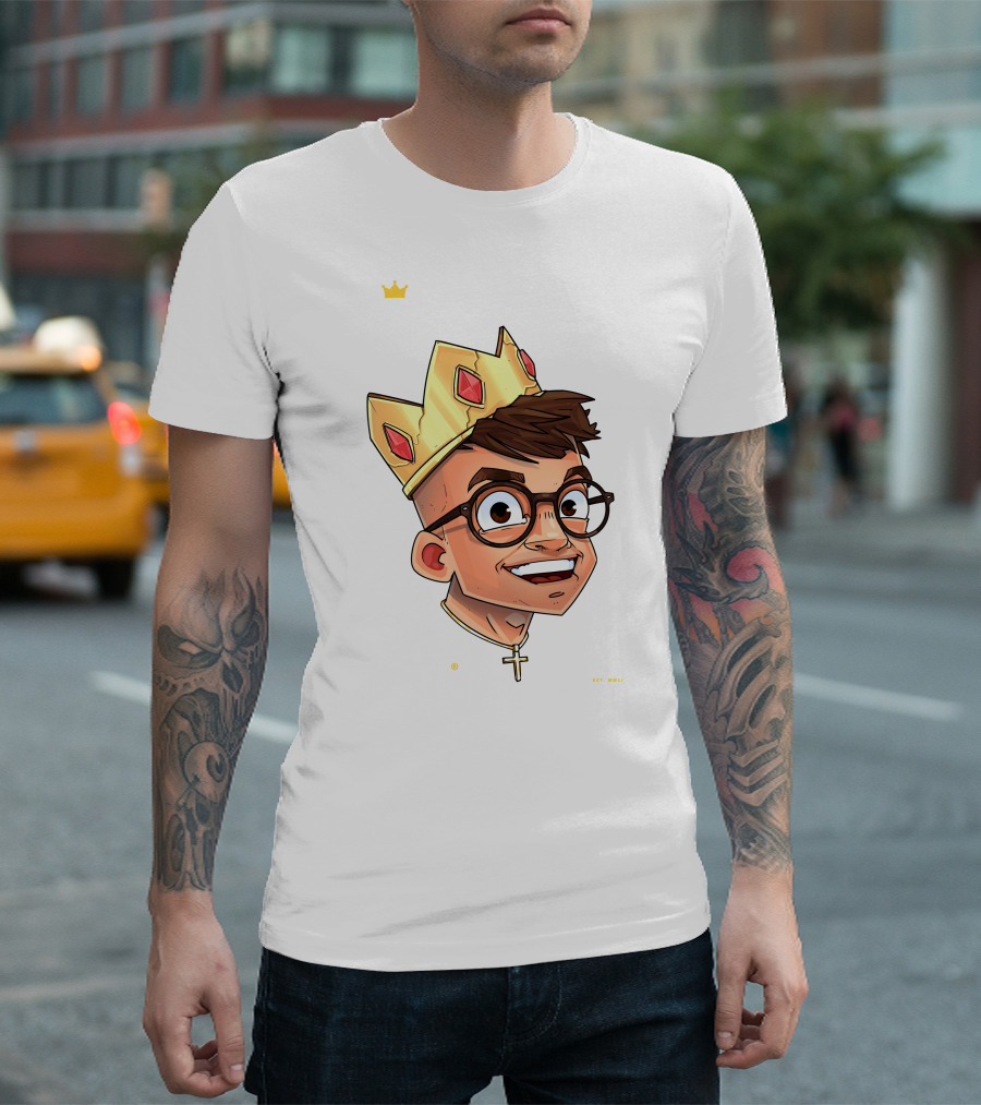 Joe Woe Thirt Crowned Cartoon with Glasses and Cross Necklace T-Shirt