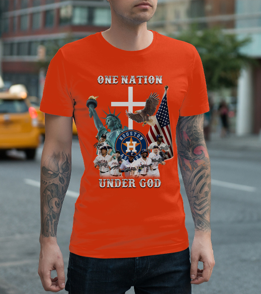 One Nation Under God Houston Astros Statue Of Liberty American Flag T-Shirt