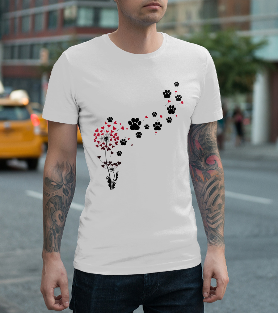 Pawprints and Heart Blossoms Dandelion T-Shirt