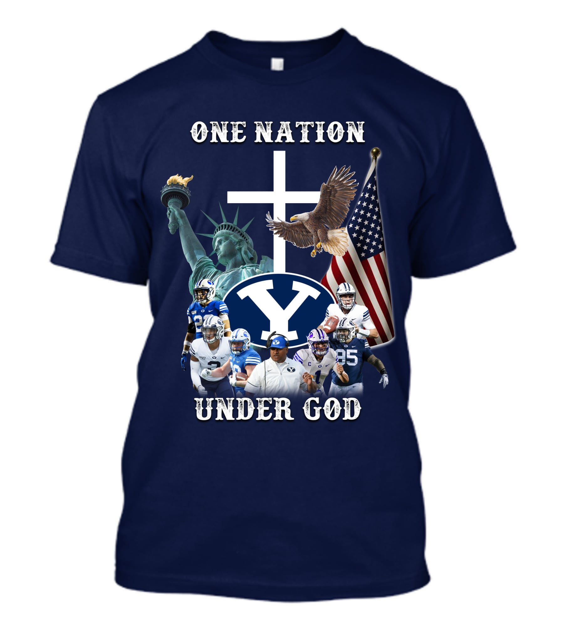 BYU One Nation Under God Coach Football Statue Liberty Cross Eagle Flag T-Shirt