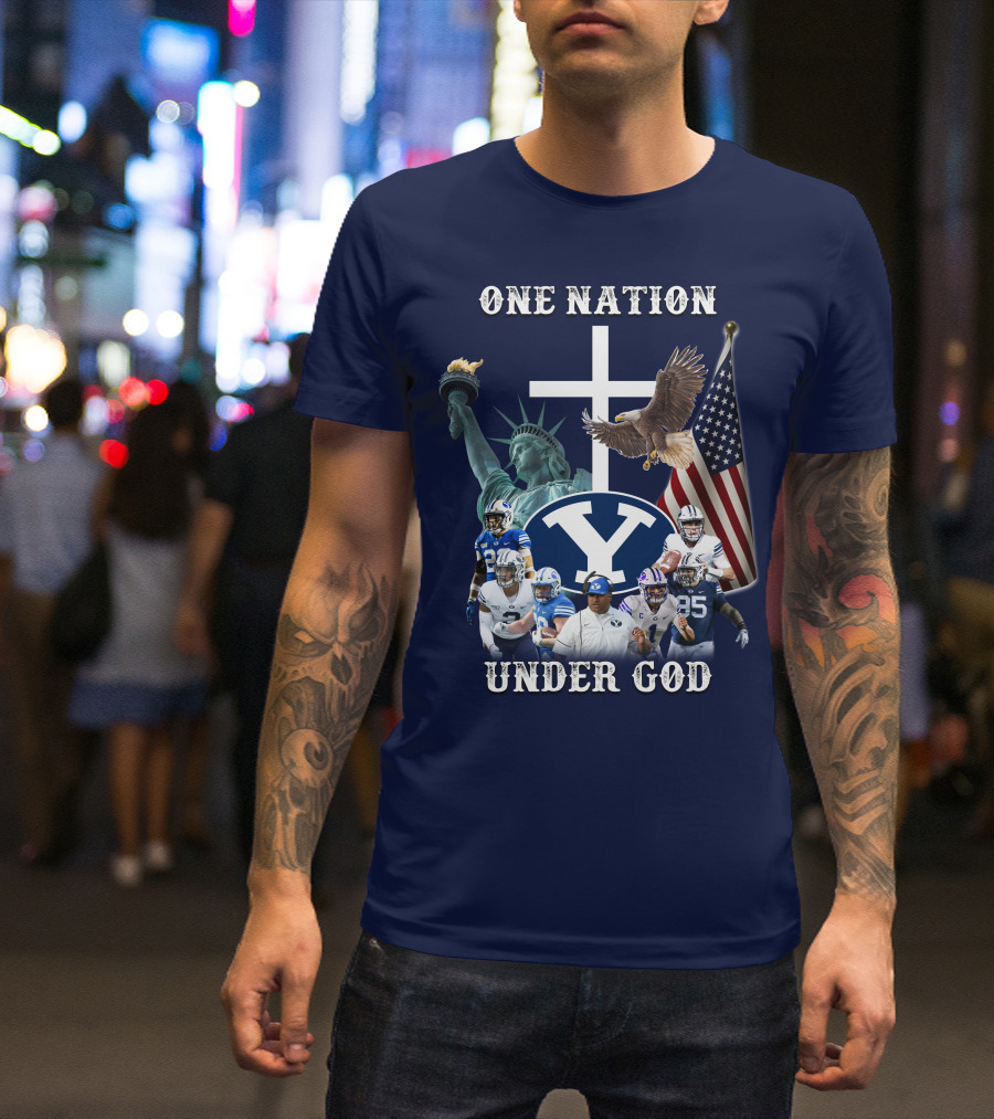 BYU One Nation Under God Coach Football Statue Liberty Cross Eagle Flag T-Shirt