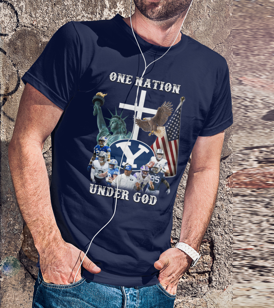 BYU One Nation Under God Coach Football Statue Liberty Cross Eagle Flag T-Shirt