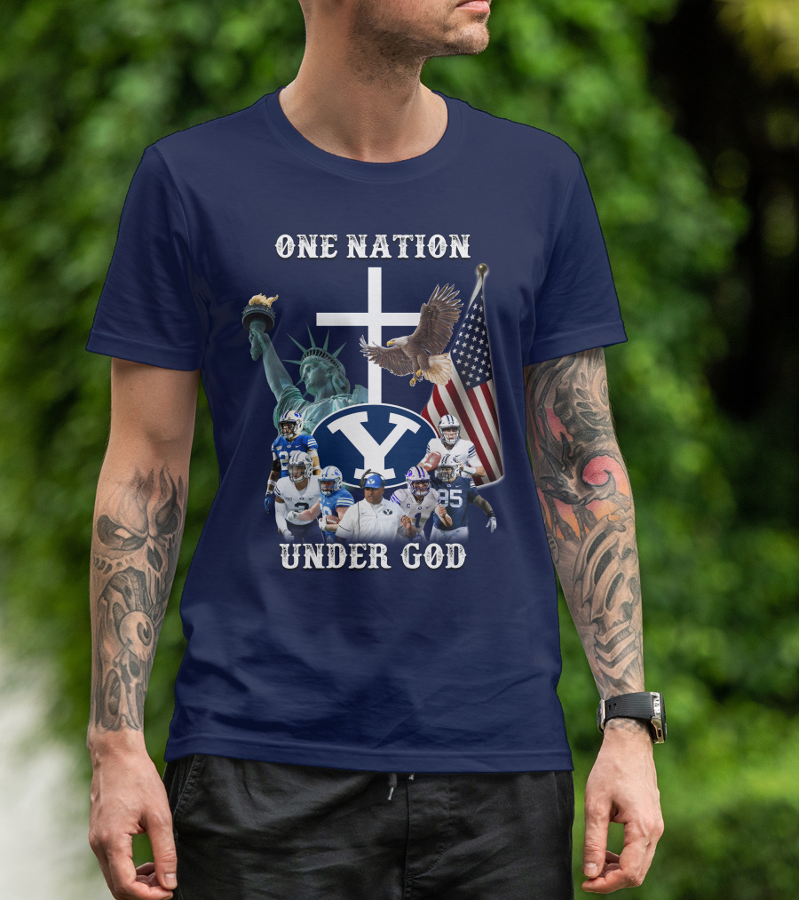BYU One Nation Under God Coach Football Statue Liberty Cross Eagle Flag T-Shirt