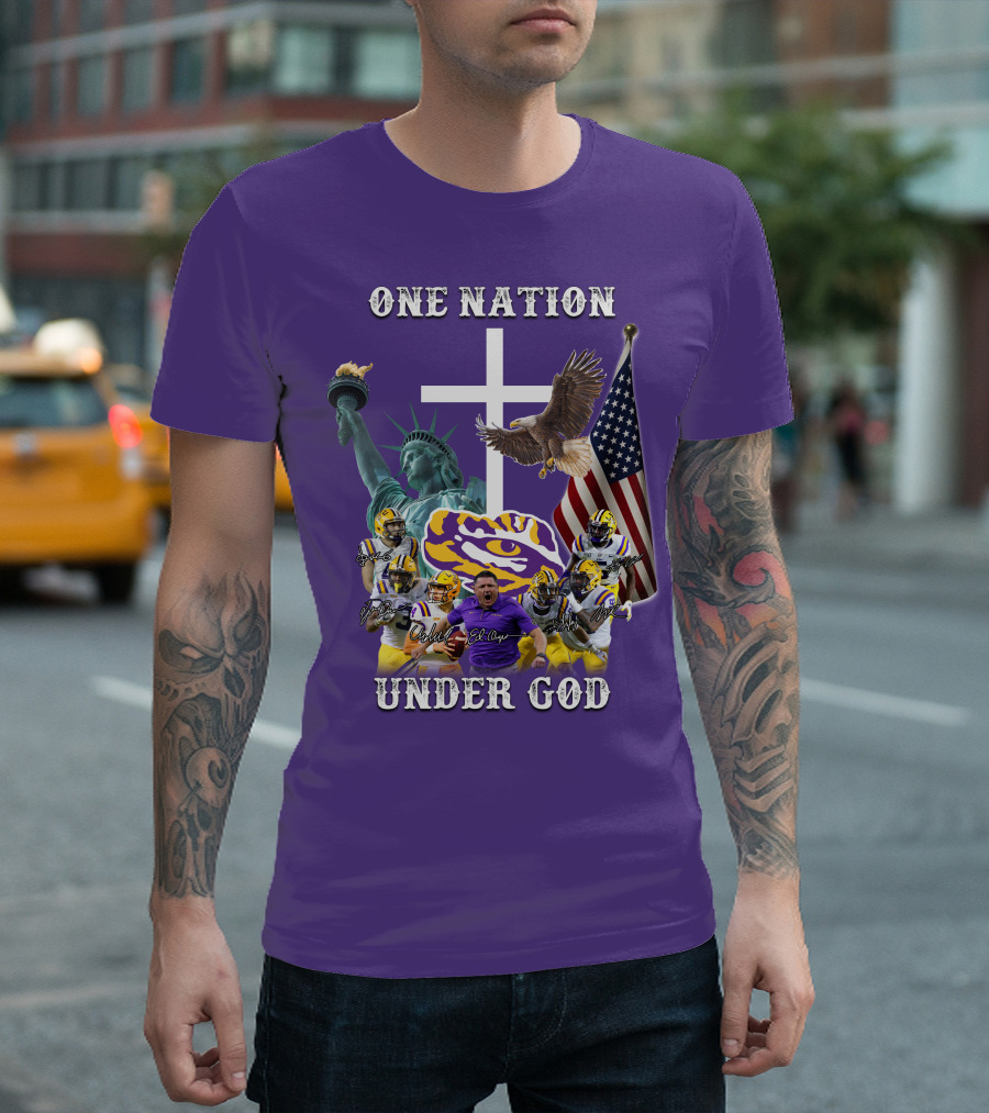 LSU Tigers Football One Nation Under God Coach Players Statue Of Liberty Eagle American Flag T-Shirt