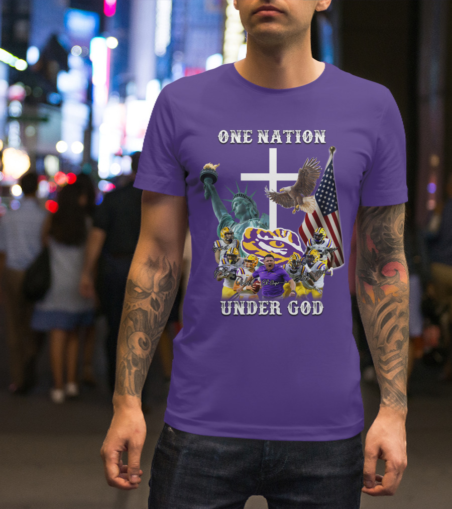LSU Tigers Football One Nation Under God Coach Players Statue Of Liberty Eagle American Flag T-Shirt